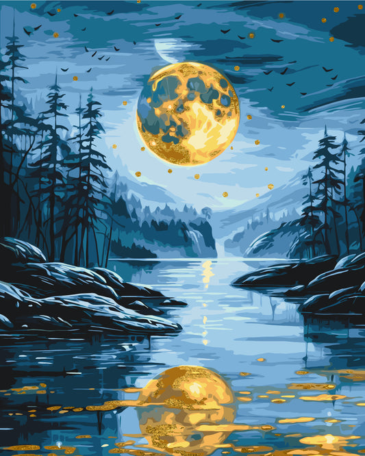 Pictură pe numere – lună aurie deasupra unui lac din pădure