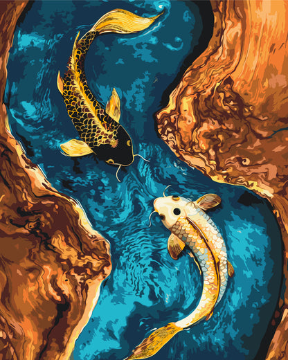 Pictură pe numere pe șasiu 40×50 cm – Peștișori yin-yang cu culori metalice – Animale – LW 3444