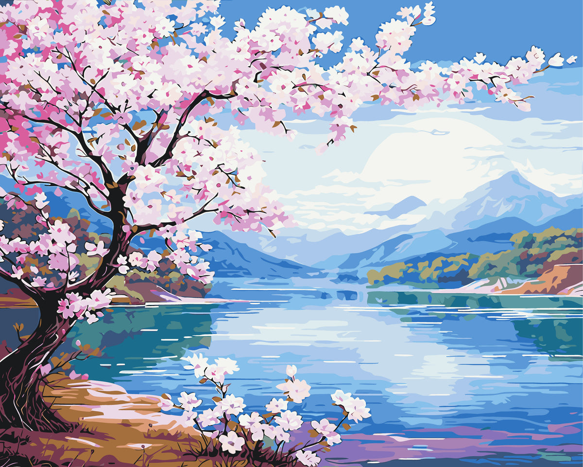 Pictură pe numere pe șasiu 40×50 cm – Sakura lângă râu – Peisaj/Flori – LW 3488
