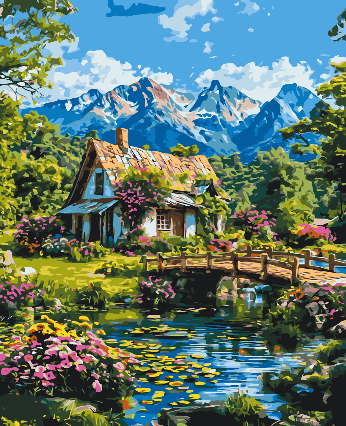 Pictură pe numere – căsuță în Alpi