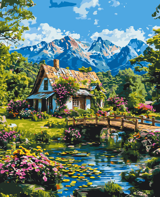Pictură pe numere – căsuță în Alpi