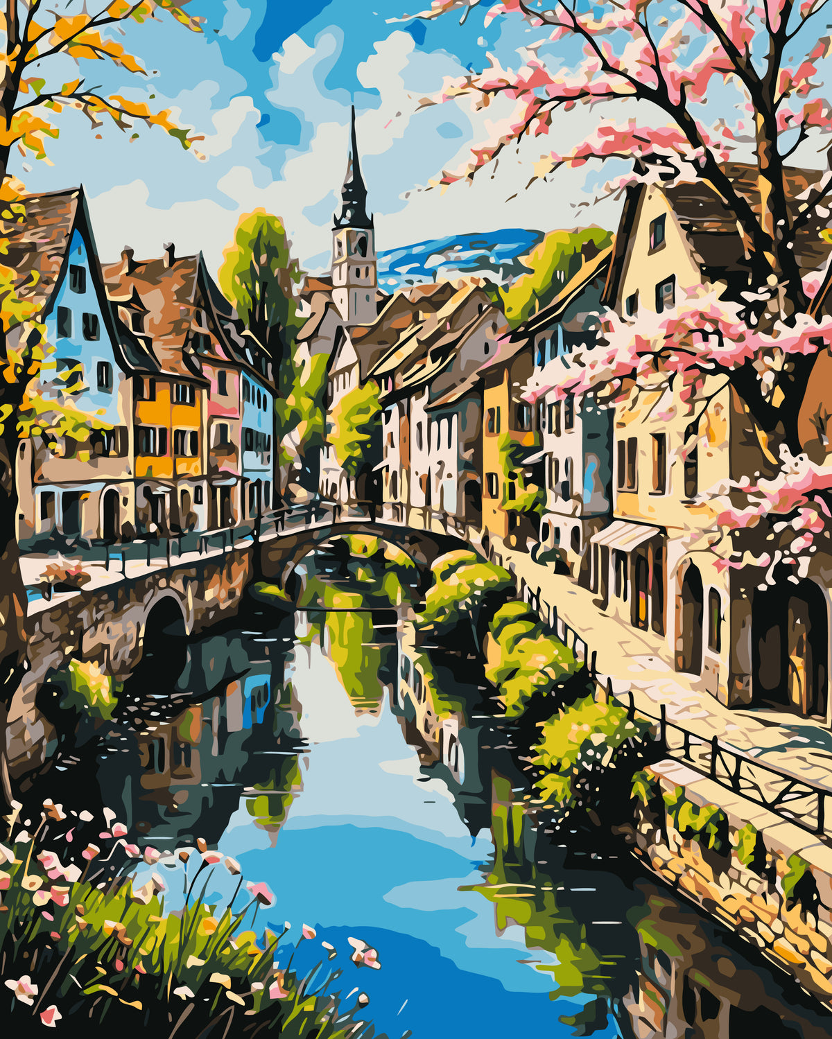 Pictură pe numere – orășel de primăvară lângă canal