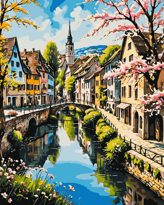 Pictură pe numere – orășel de primăvară lângă canal