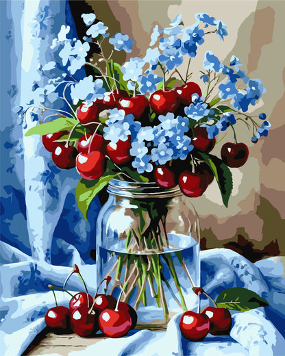 Pictură pe numere pe șasiu 40×50 cm – Buchet de flori cu vișine – Flori/Natură statică – LW 3505