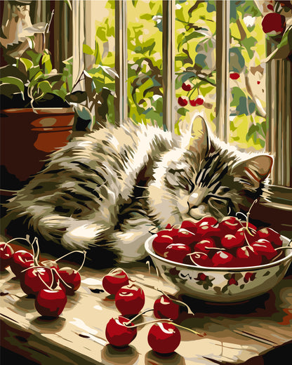 Pictură pe numere pe șasiu 40×50 cm – Pisoi adormit la fereastră – Natură statică/Animale – LW 3510