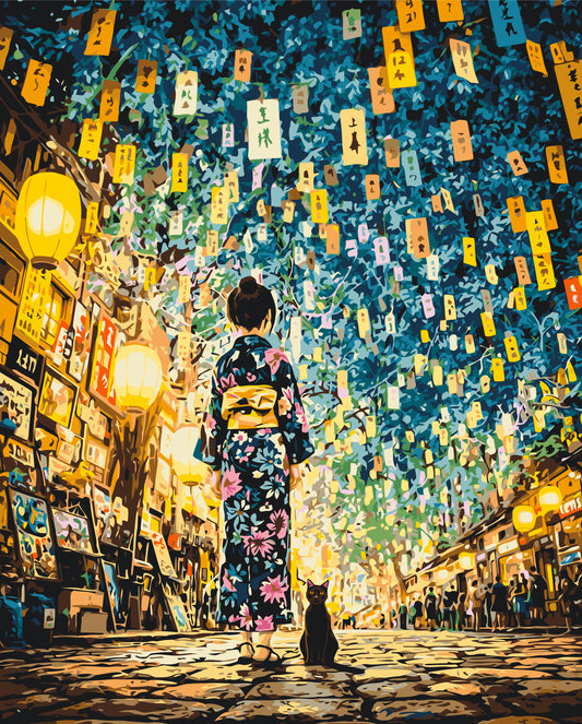 Pictură pe numere – noapte japoneză, fată cu pisică