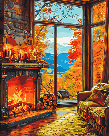 Pictură pe numere pe șasiu 40×50 cm – Căldura șemineului de toamnă – Peisaj/Natură statică – LW 3518