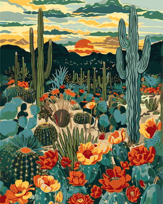 Pictură pe numere – cactuși înfloriți la apus de soare