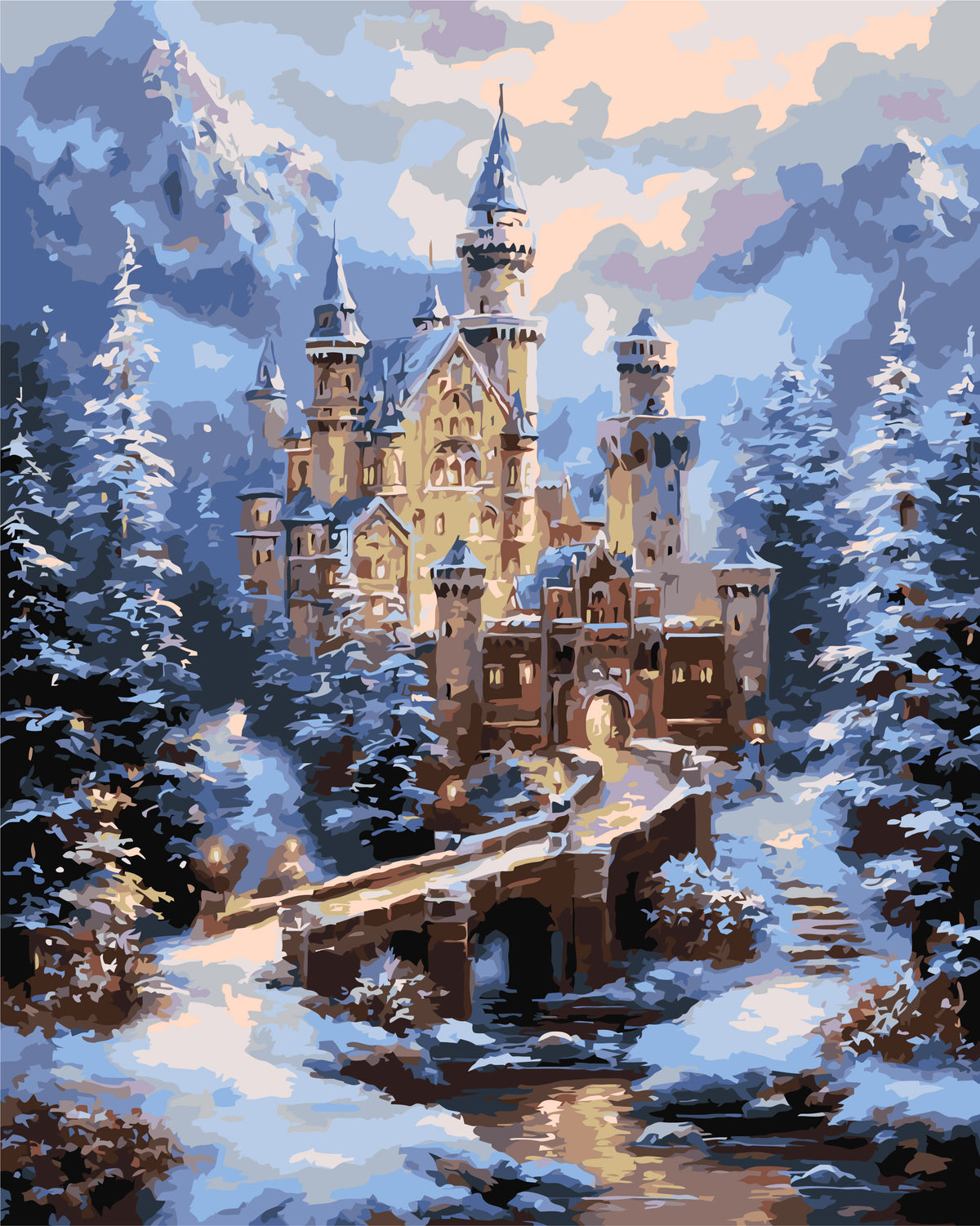 Pictură pe numere pe șasiu 40×50 cm – Castel în munți – Iarnă/Crăciun/Peisaj – LW 3553