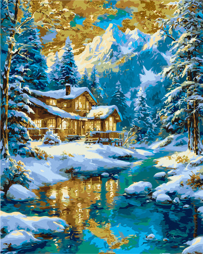 Pictură pe numere pe șasiu 40×50 cm – Cabană de iarnă cu culori metalice – Iarnă/Crăciun/Peisaj – LW 3554