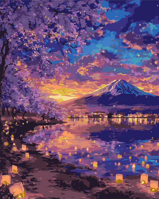 Pictură pe numere – Muntele Fuji și lampioane lângă lac