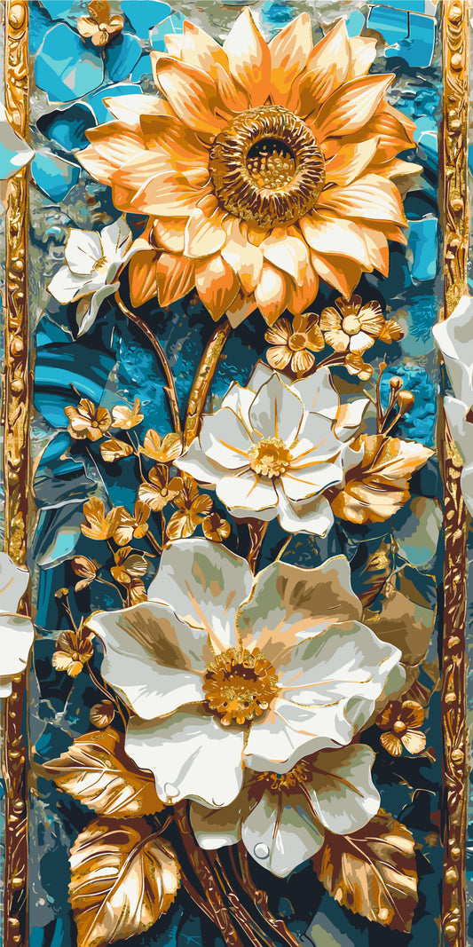 Pictură pe numere – flori delicate în ramă aurie