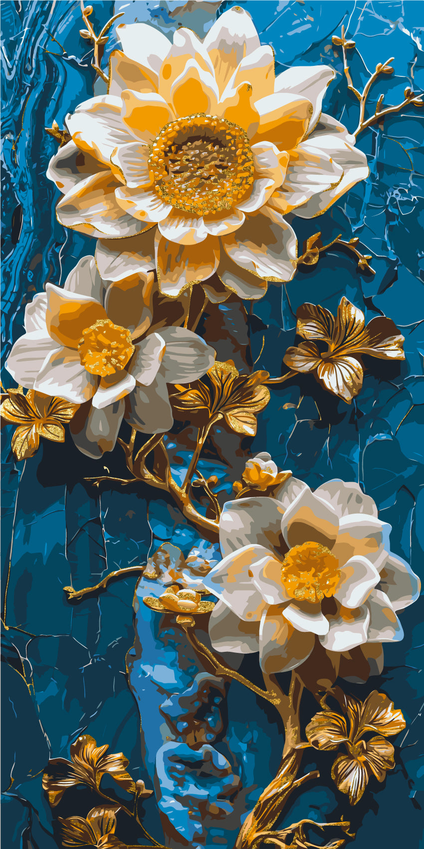 Pictură pe numere pe șasiu 40×80 cm – Flori pe fundal albastru cu culori metalice – Flori – LW 5102