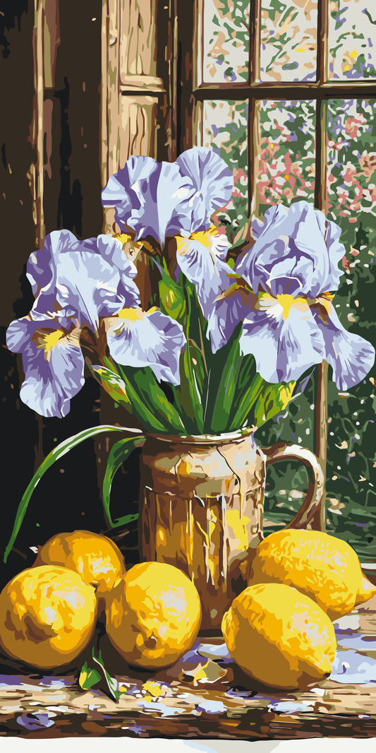 Pictură pe numere – iriși violet cu lămâi