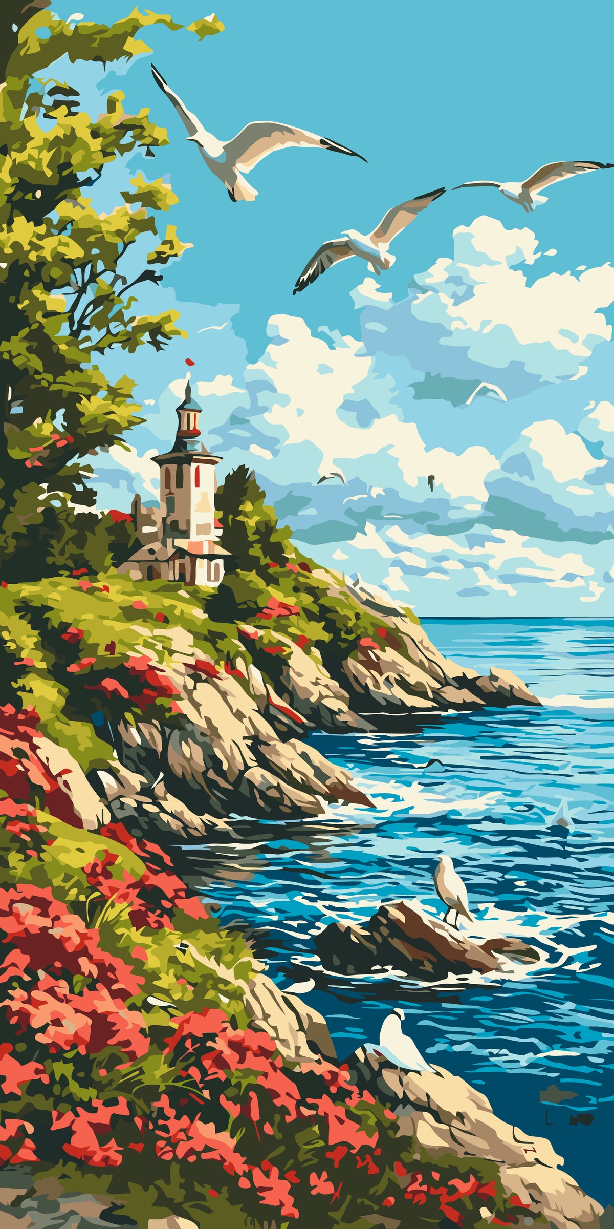 Pictură pe numere – dimineață la mare cu far
