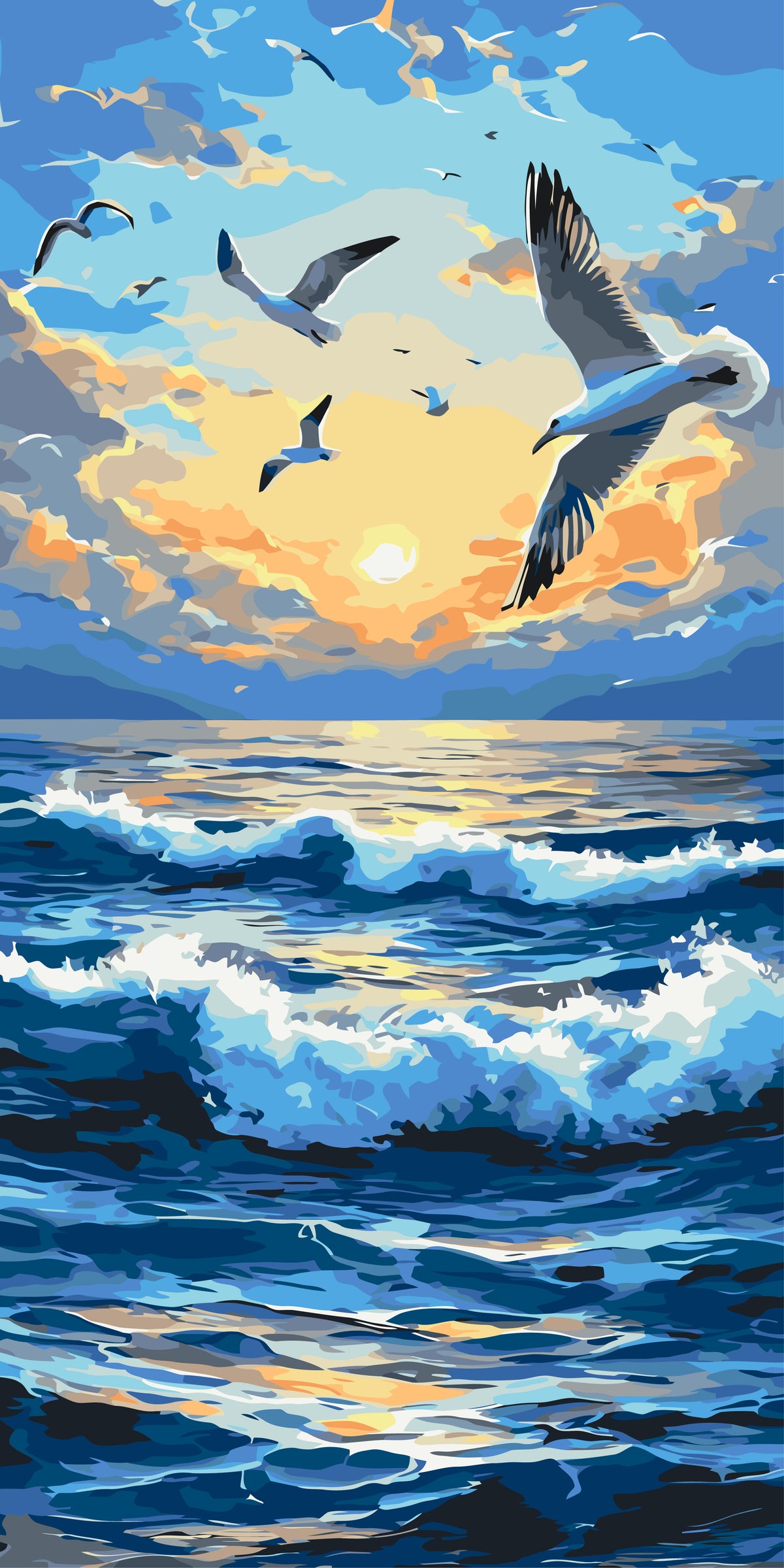 Pictură pe numere pe șasiu 40×80 cm – Pescăruși deasupra valurilor dimineții – Peisaj/Animale – LW 5125