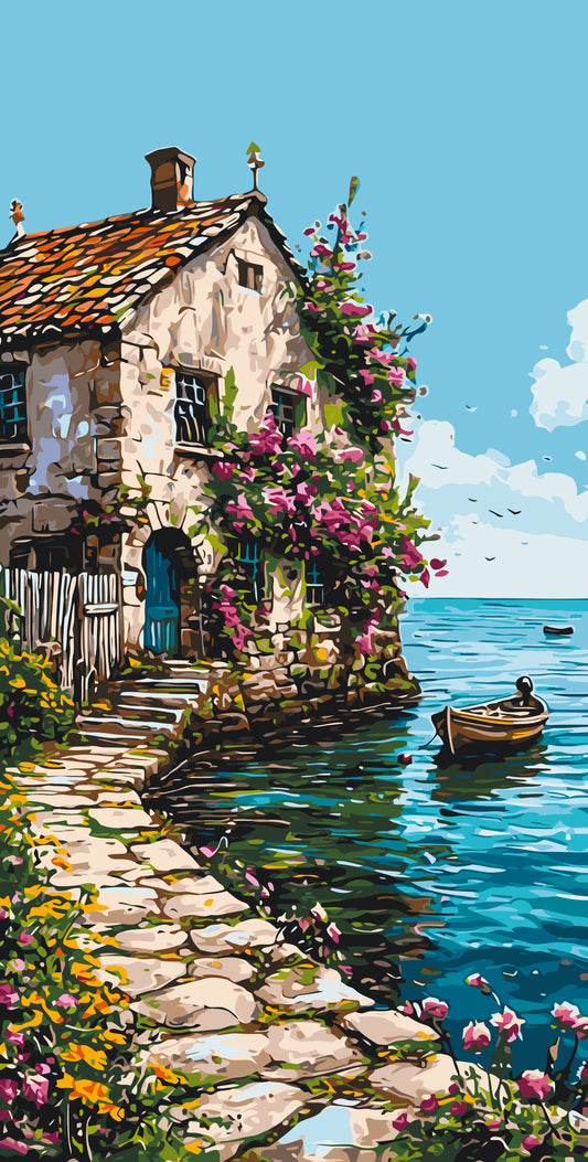 Pictură pe numere – căsuță de piatră lângă mare în Provence