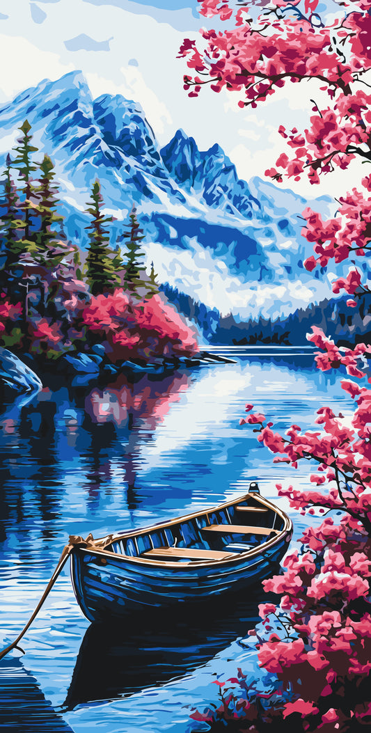 Pictură pe numere – dimineață alpină cu barcă pe lac