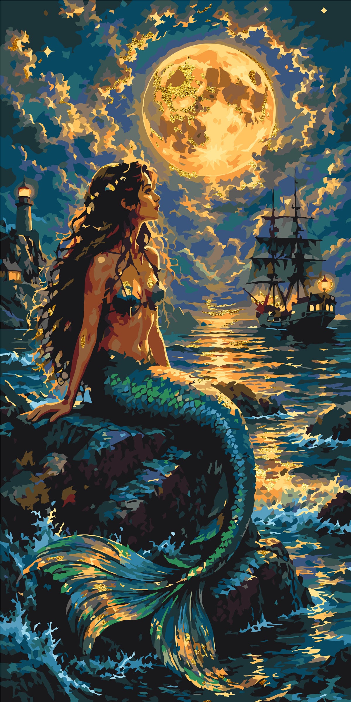 Sirena și corabia – pictură pe numere 40×80 cm