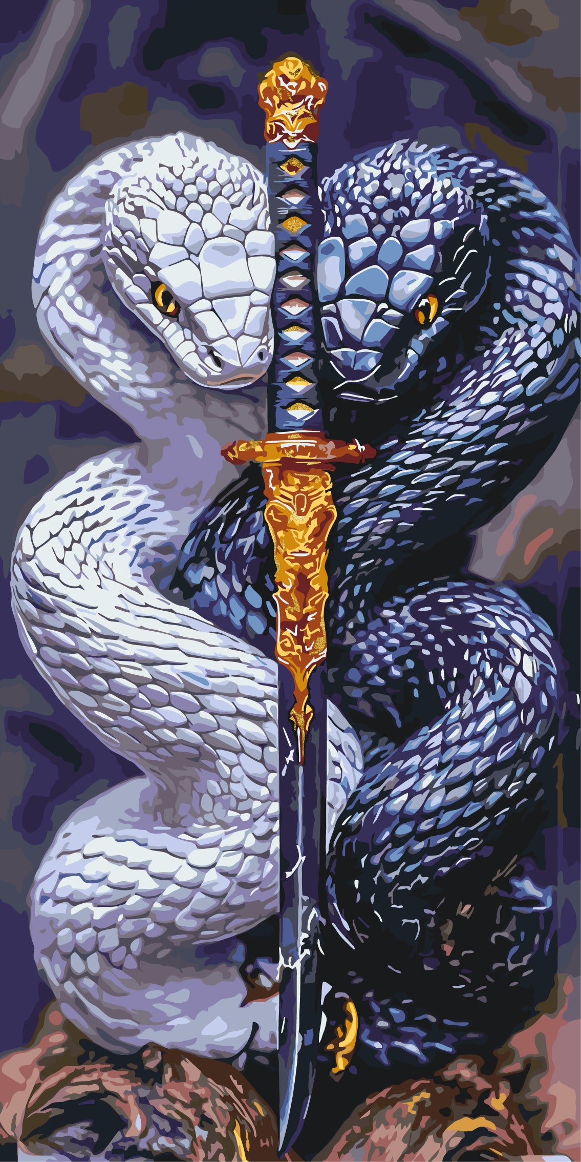 Pictură pe numere pe șasiu 40×80 cm – Păzitorii sabiei (șerpi) cu culori metalice – Animale – LW 5136