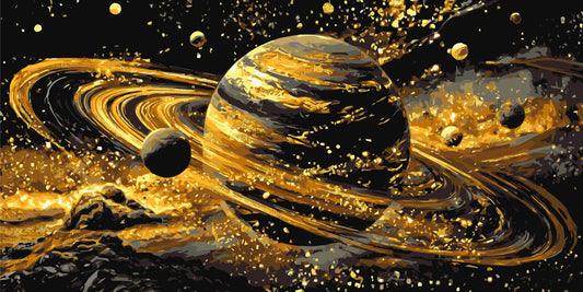 Pictură pe numere – planetă aurie cu inele