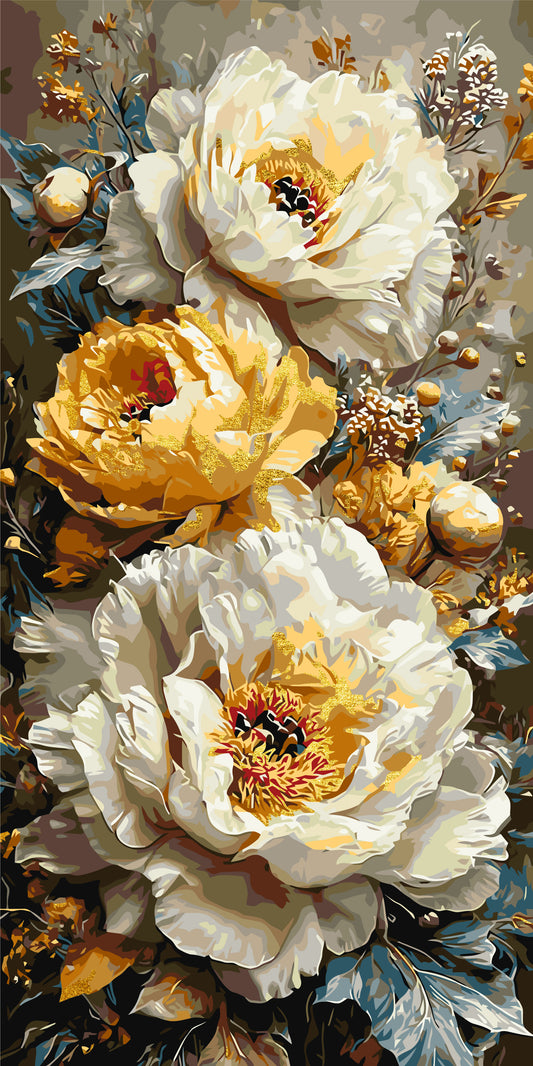 Pictură pe numere – imperiul florilor, bujori albi și aurii