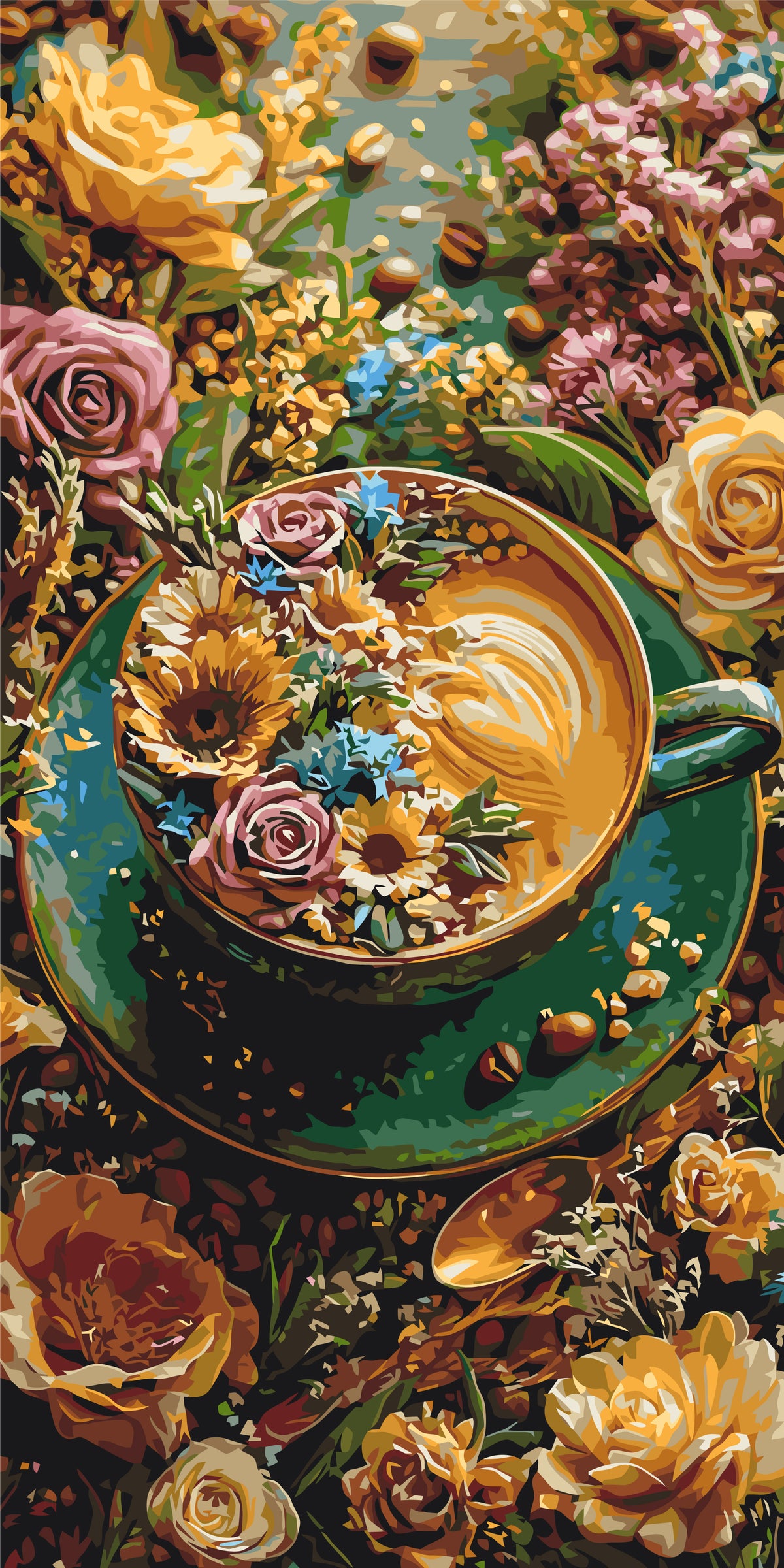 Pictură pe numere pe șasiu 40×80 cm – Flori și cafea – Flori/Natură statică – LW 5203