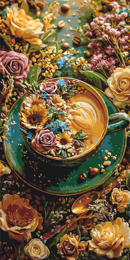 Pictură pe numere pe șasiu 40×80 cm – Flori și cafea – Flori/Natură statică – LW 5203