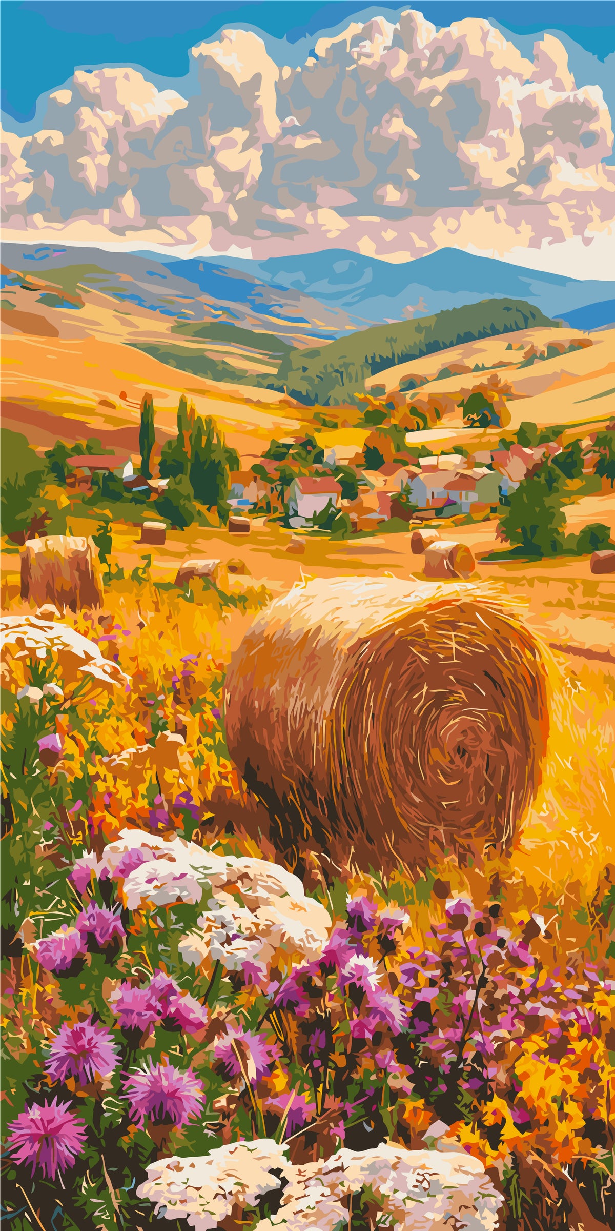 Pictură pe numere pe șasiu 40×80 cm – Flori în mijlocul secerișului cu culori metalice – Peisaj/Flori – LW 5211
