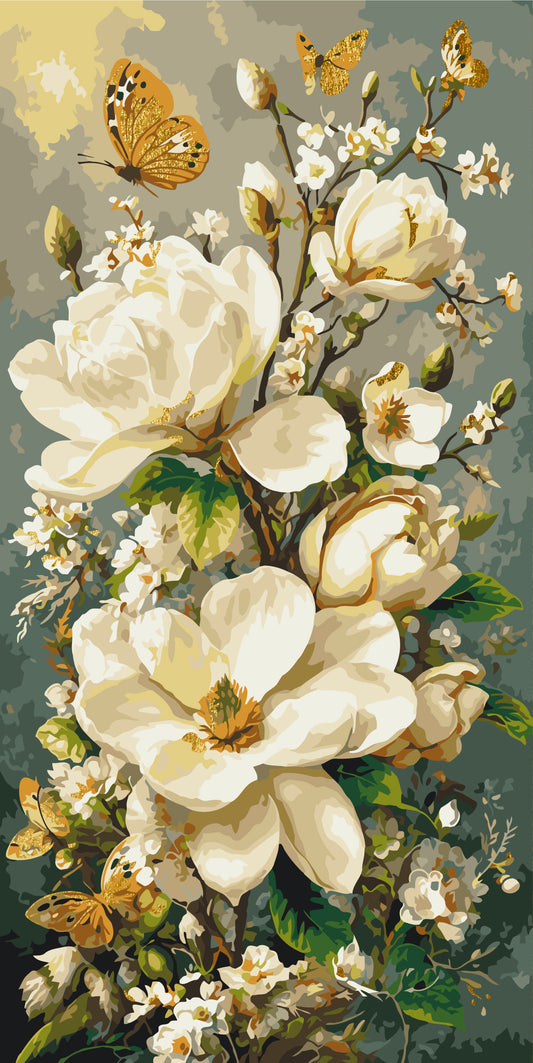 Pictură pe numere – magnolii și fluturi aurii