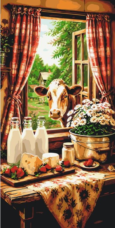 Pictură pe numere pe șasiu 40×80 cm – Idilă rurală cu vacă – Animale/Natură statică – LW 5219