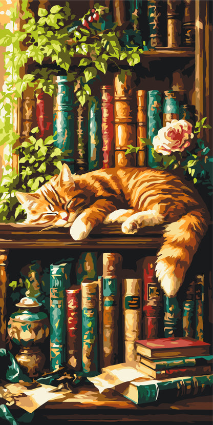Pictură pe numere pe șasiu 40×80 cm – Pisica bibliotecarului – Peisaj/Natură statică/Animale – LW 5221