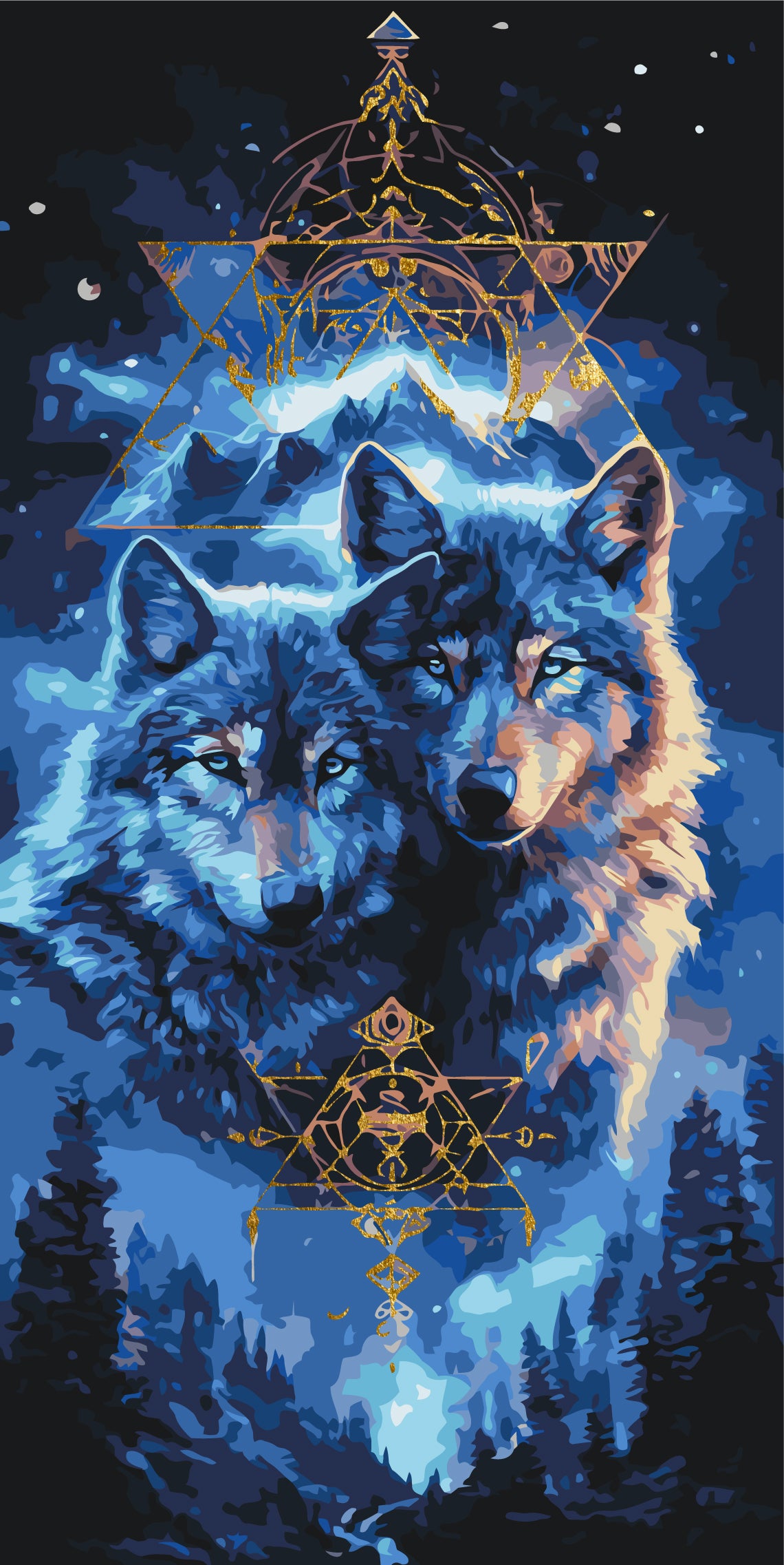 Pictură pe numere pe șasiu 40×80 cm – Pereche de lupi cu culori metalice – Animale – LW 5223