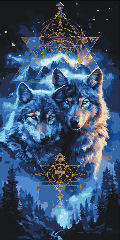 Pictură pe numere pe șasiu 40×80 cm – Pereche de lupi cu culori metalice – Animale – LW 5223