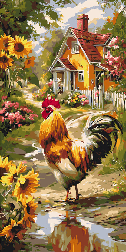 Pictură pe numere pe șasiu 40×80 cm – Cocoș lângă căsuță – Peisaj/Animale – LW 5228