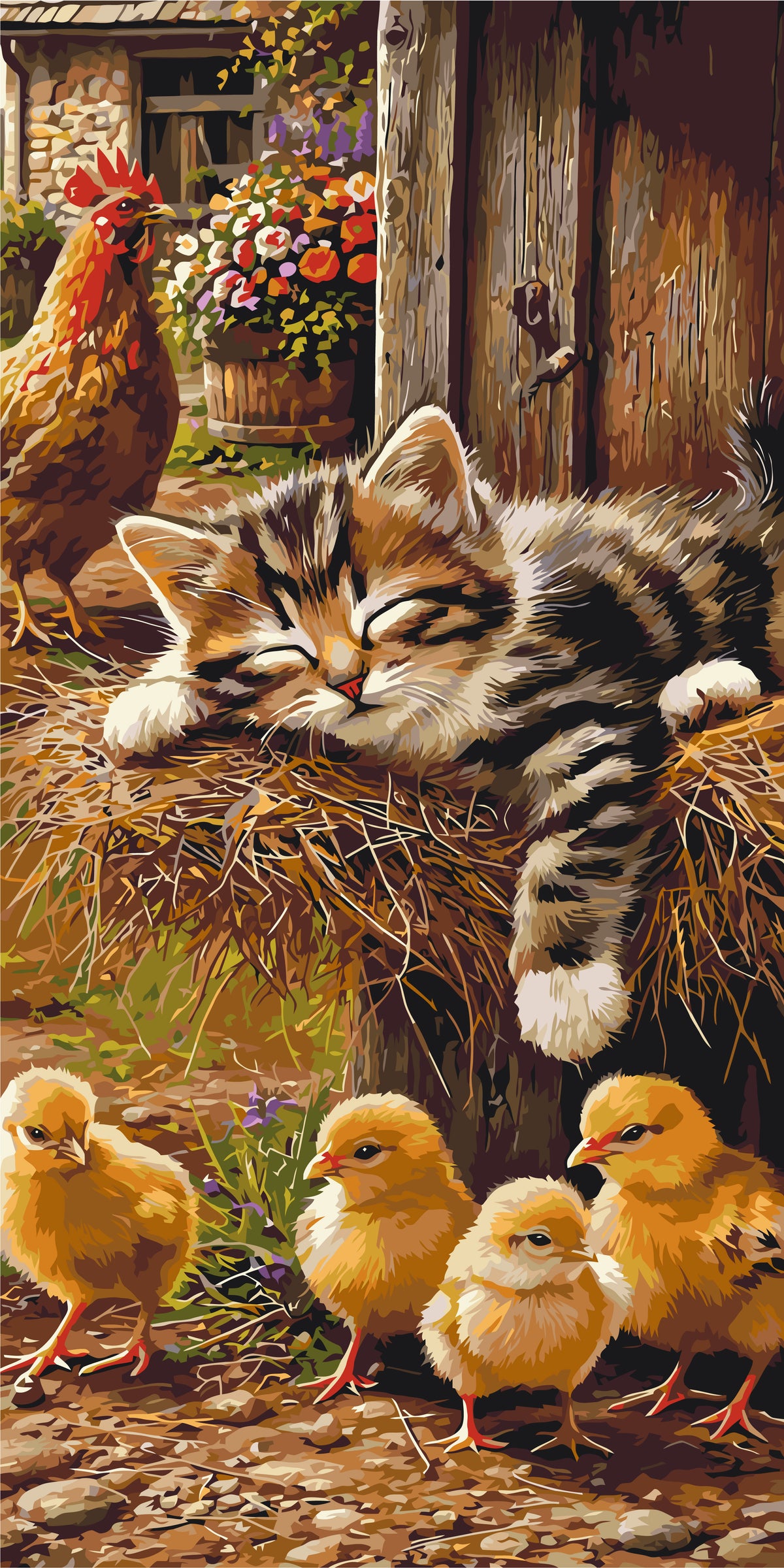 Pictură pe numere pe șasiu 40×80 cm – Vis dulce: pisoi, cocoș și puișori – Animale – LW 5230