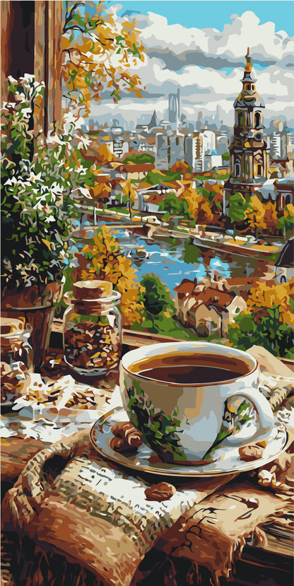 Pictură pe numere pe șasiu 40×80 cm – Cafea cu vedere spre orașul vechi – Peisaj/Natură statică – LW 5239