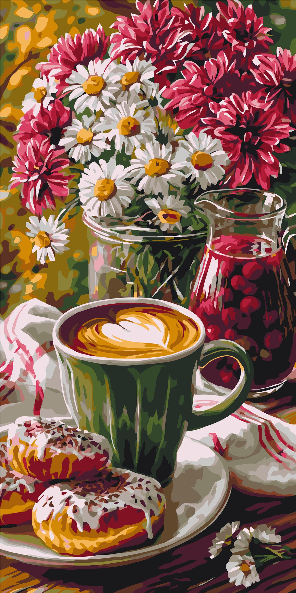 Pictură pe numere pe șasiu 40×80 cm – Cafea de dimineață cu gogoașă și flori – Flori/Natură statică – LW 5243