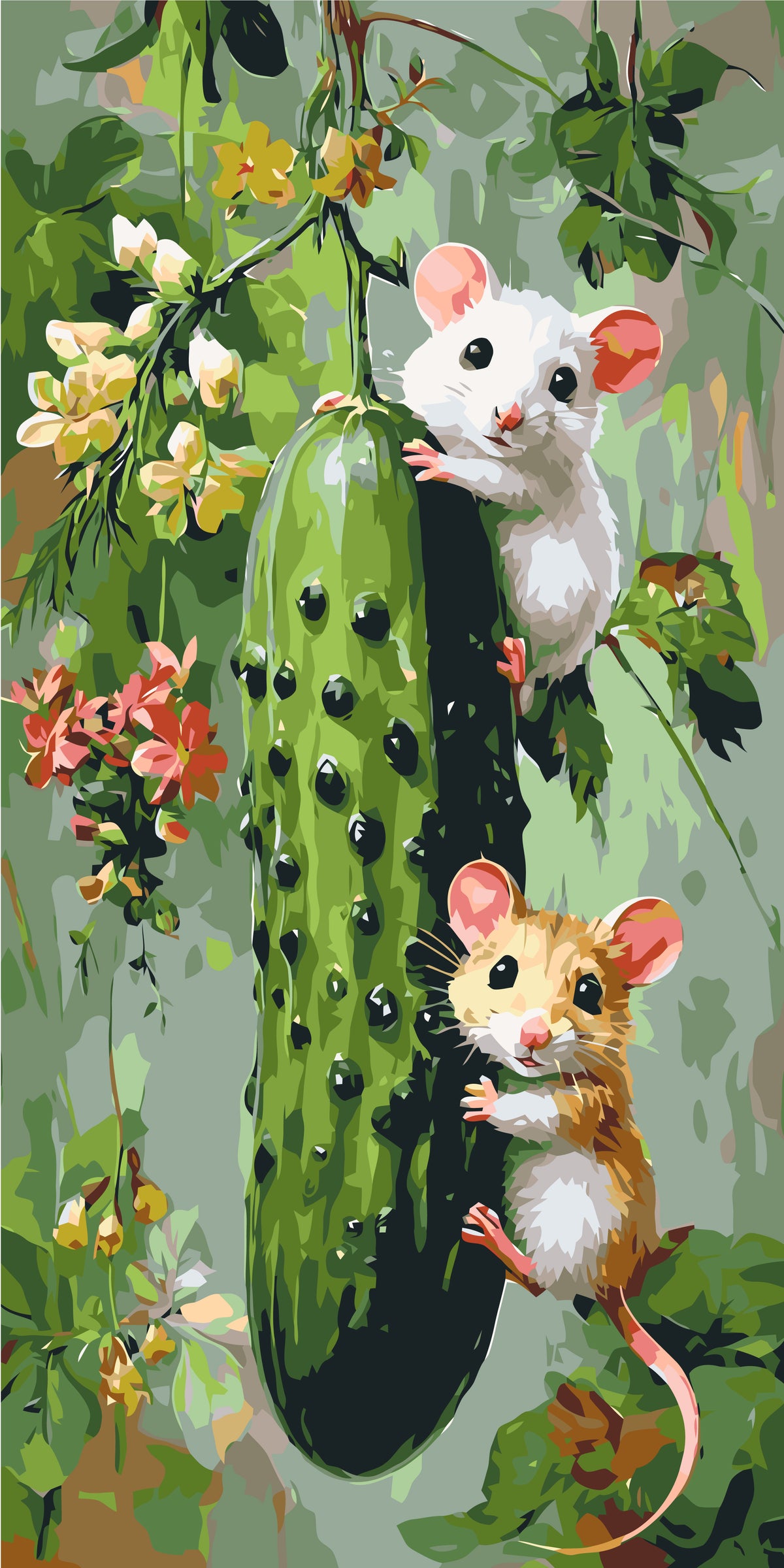 Pictură pe numere pe șasiu 40×80 cm – Pereche de șoricei cu castravete – Animale – LW 5244