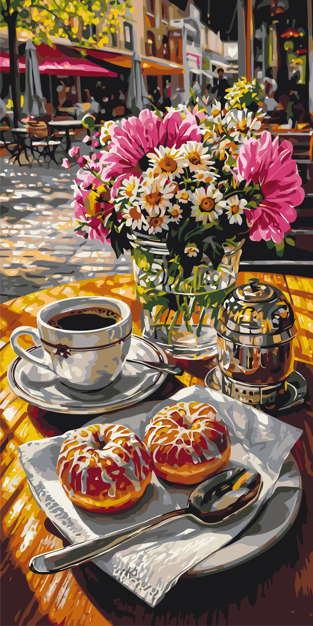 Pictură pe numere pe șasiu 40×80 cm – Cafea de dimineață cu gogoși – Natură statică/Flori – LW 5249