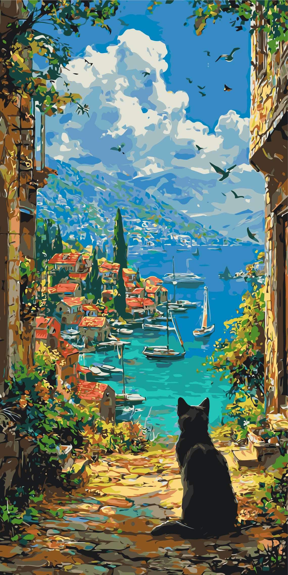 Pictură pe numere pe șasiu 40×80 cm – Pisică neagră deasupra golfului – Peisaj/Animale – LW 5257