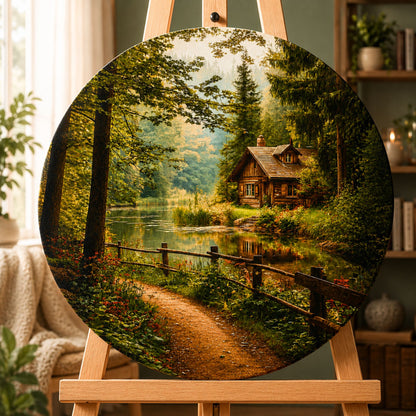 Pictură pe numere rotundă Ø45 cm – Cabană în pădure – Peisaj – OR 2004