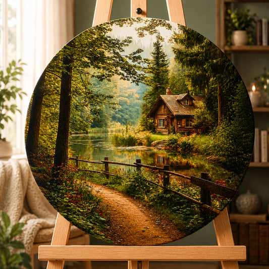 Pictură pe numere rotundă – căsuță în pădure lângă lac