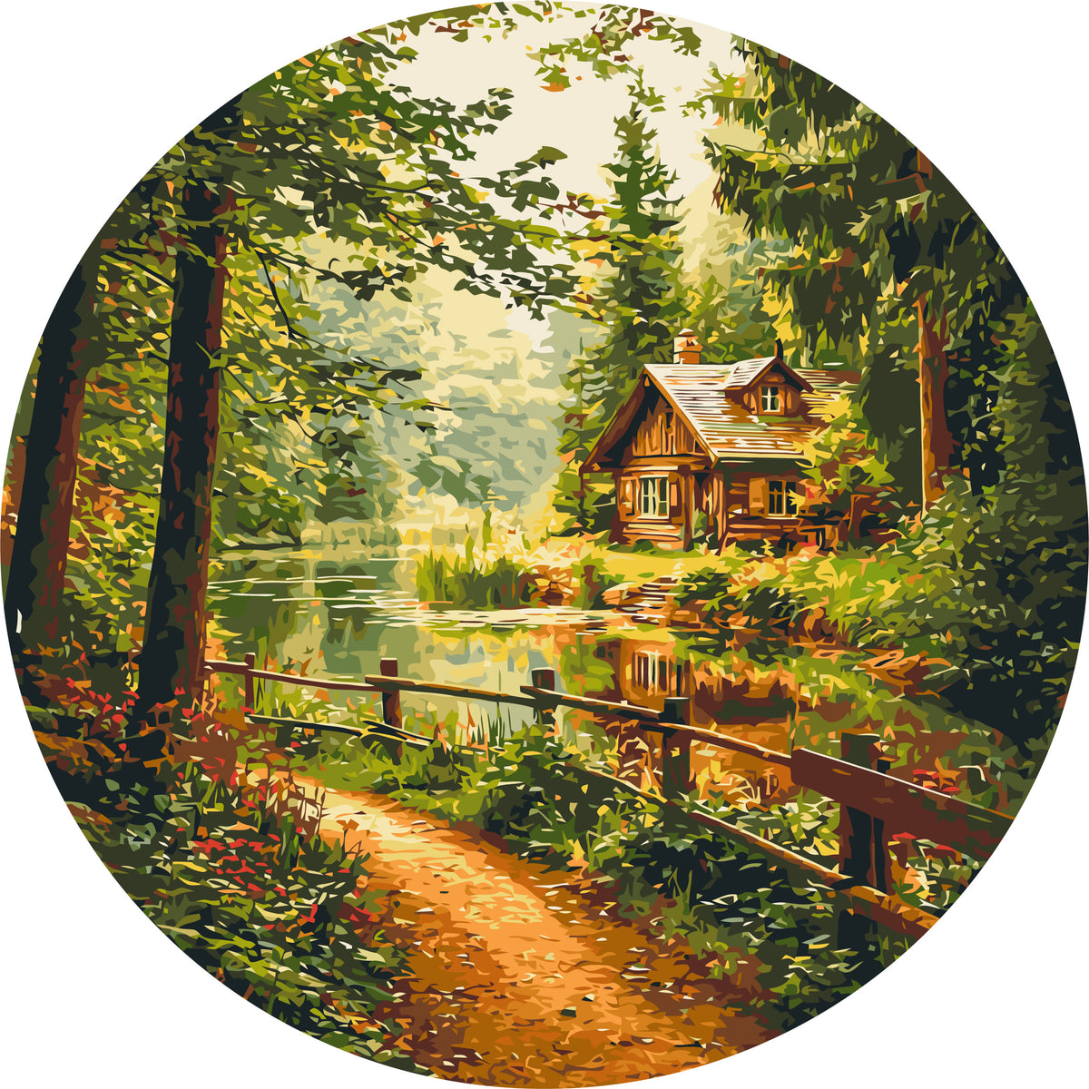 Pictură pe numere rotundă – căsuță în pădure lângă lac