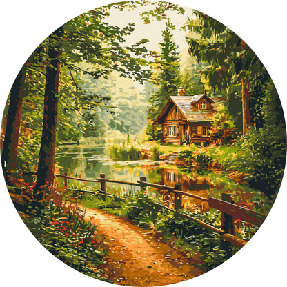 Pictură pe numere rotundă Ø45 cm – Cabană în pădure – Peisaj – OR 2004