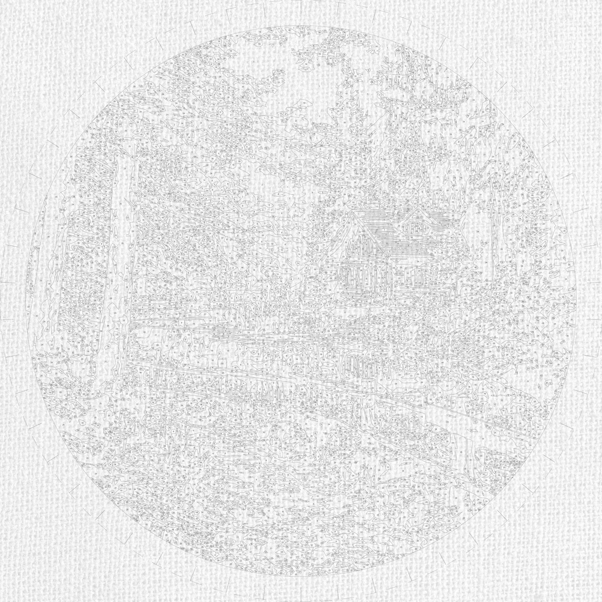 Pictură pe numere rotundă Ø45 cm – Cabană în pădure – Peisaj – OR 2004