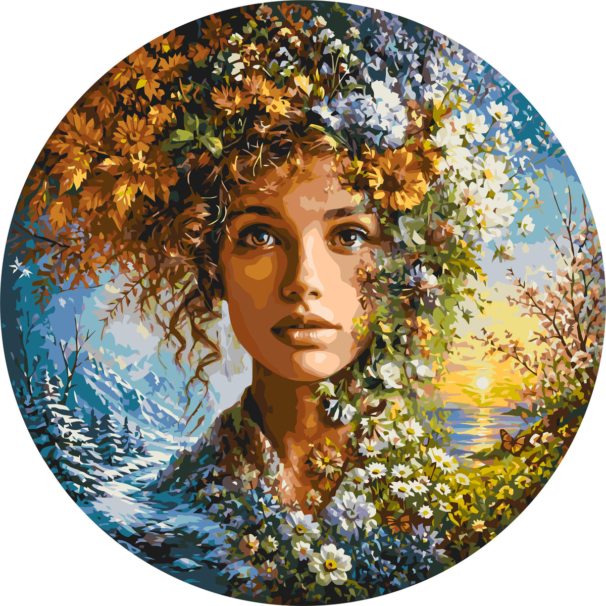 Pictură pe numere rotundă Ø45 cm – Chipul naturii – sufletul celor patru anotimpuri – Flori/Oameni – OR 2007