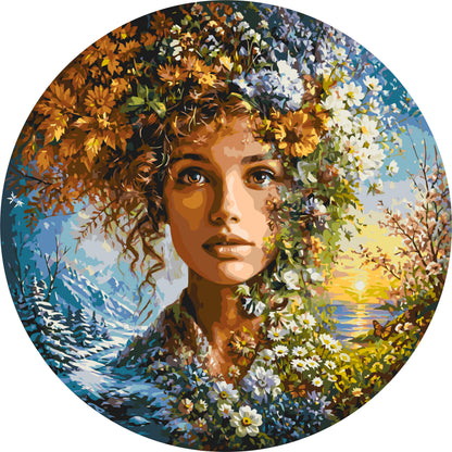 Pictură pe numere rotundă Ø45 cm – Chipul naturii – sufletul celor patru anotimpuri – Flori/Oameni – OR 2007