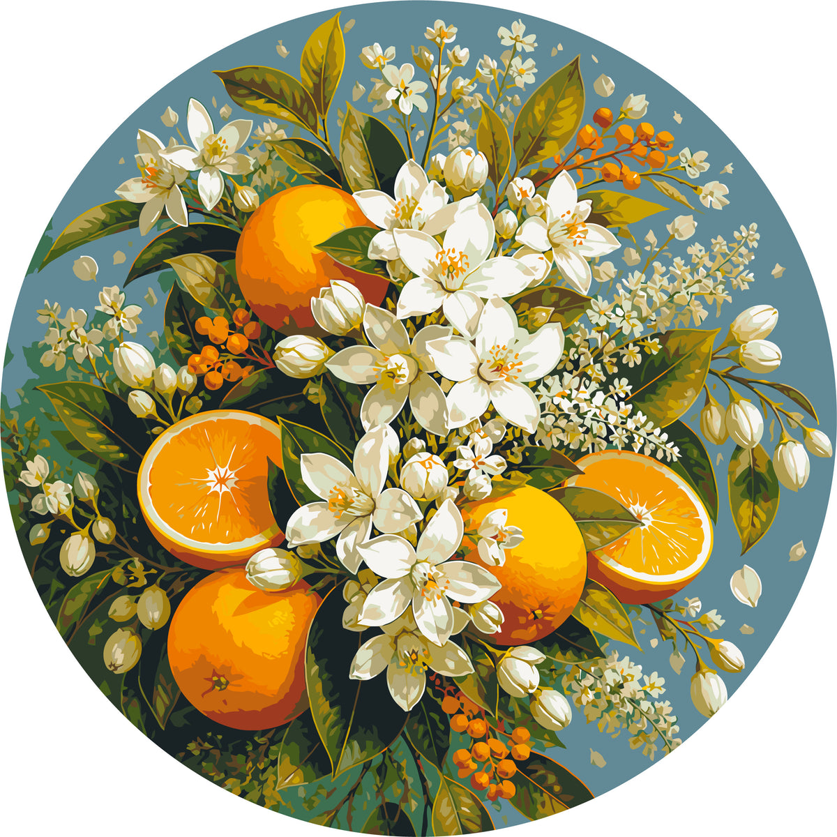 Pictură pe numere rotundă Ø45 cm – Aromă de citrice – Natură statică/Flori – OR 2010