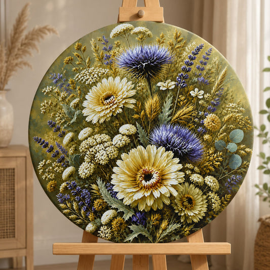 Pictură pe numere – buchet de flori de câmp, tablou rotund